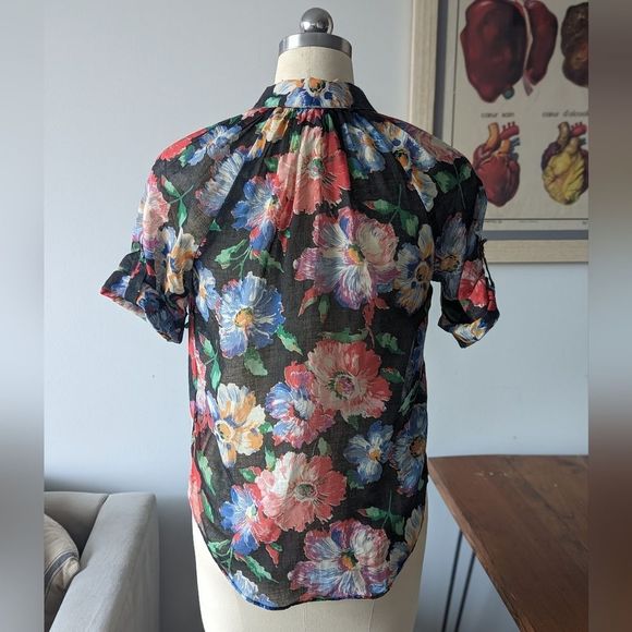 Floral gauzy vintage tie neck peter pan collar blouse M - Picture 4 of 15